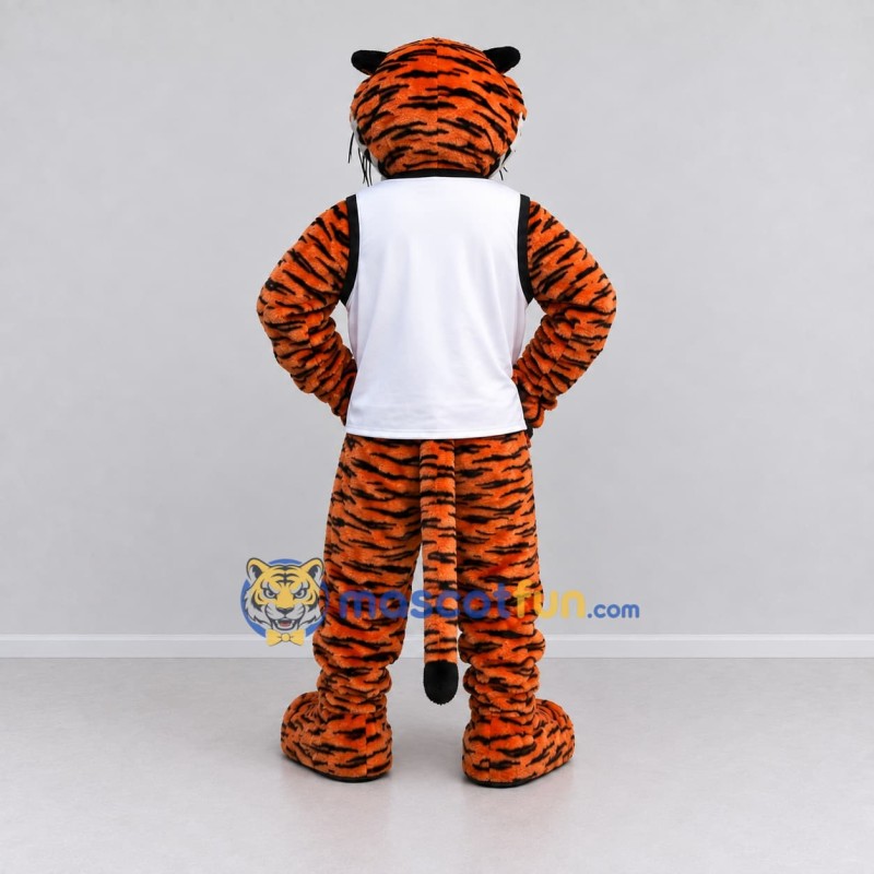Custom Orange Black and White Tiger in T-Shirt Mascot Costume Adult Full Body Suit for Sports Events Custom Orange Black and White Tiger in T-Shirt Mascot Costume Adult Full Body Suit for Sports Events