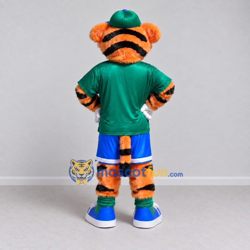 Custom Orange Green and Blue Tiger in Sportswear Mascot Costume Adult Full Body Suit for Sports Events Custom Orange Green and Blue Tiger in Sportswear Mascot Costume Adult Full Body Suit for Sports Events