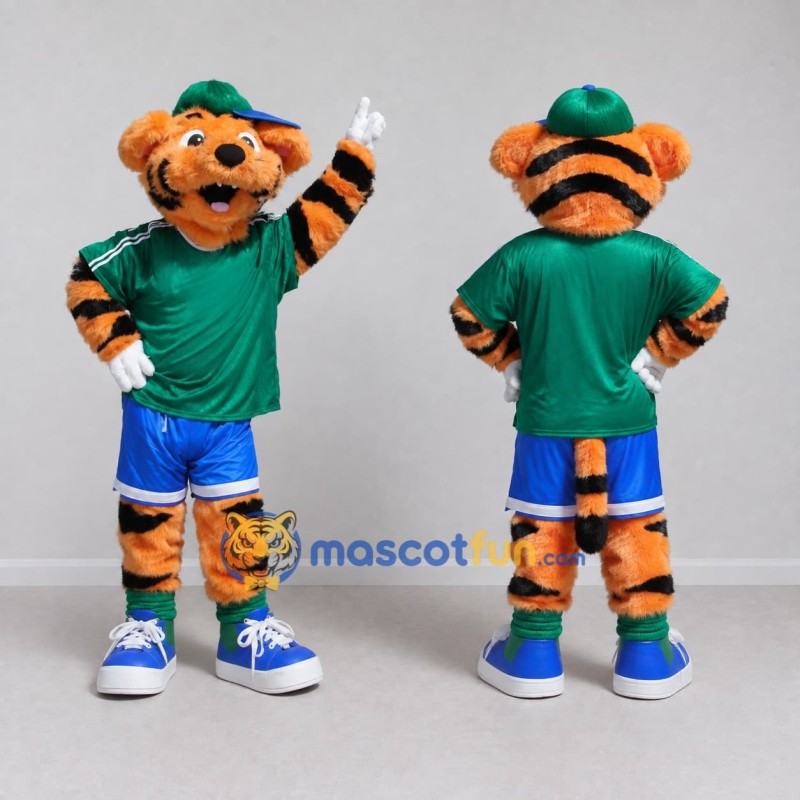 Custom Orange Green and Blue Tiger in Sportswear Mascot Costume Adult Full Body Suit for Sports Events Custom Orange Green and Blue Tiger in Sportswear Mascot Costume Adult Full Body Suit for Sports Events
