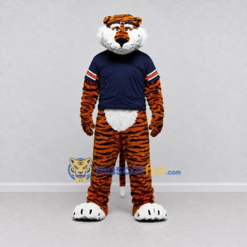 Custom Orange and Navy Blue Tiger in T-Shirt Mascot Costume Adult Full Body Suit for Sports Events