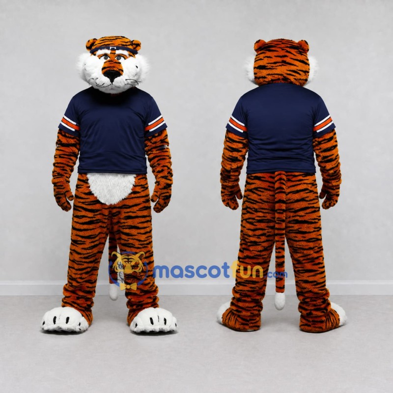 Custom Orange and Navy Blue Tiger in T-Shirt Mascot Costume Adult Full Body Suit for Sports Events Custom Orange and Navy Blue Tiger in T-Shirt Mascot Costume Adult Full Body Suit for Sports Events