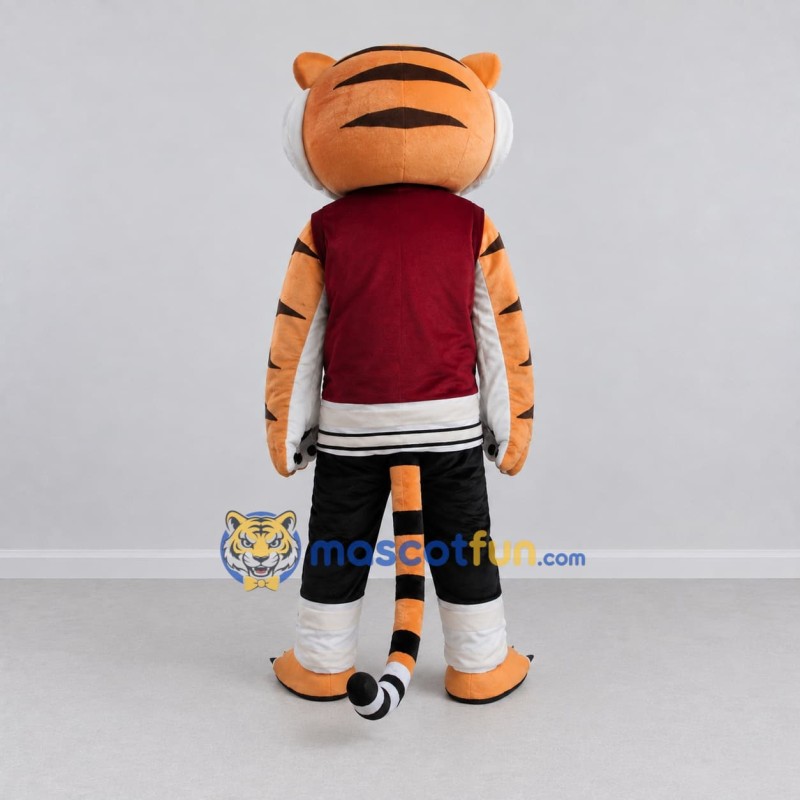 Custom Orange Burgundy and Black Tiger in Sportswear Mascot Costume Adult Full Body Suit for Sports Events Custom Orange Burgundy and Black Tiger in Sportswear Mascot Costume Adult Full Body Suit for Sports Events