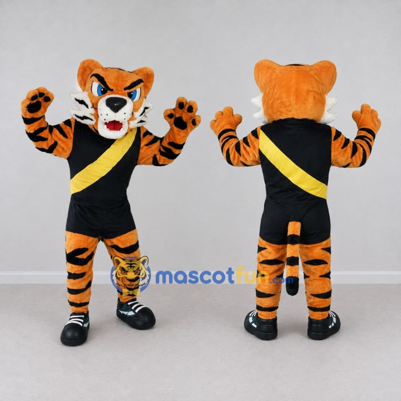Custom Orange Black and Yellow Tiger in Sportswear Mascot Costume Adult Full Body Suit for Sports Events Custom Orange Black and Yellow Tiger in Sportswear Mascot Costume Adult Full Body Suit for Sports Events