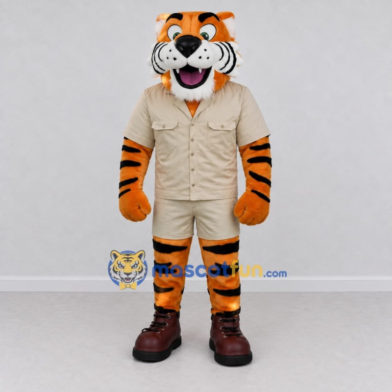 Custom Orange and Khaki Tiger in Safari Outfit Mascot Costume Adult Full Body Suit for Zoo Events Custom Orange and Khaki Tiger in Safari Outfit Mascot Costume Adult Full Body Suit for Zoo Events