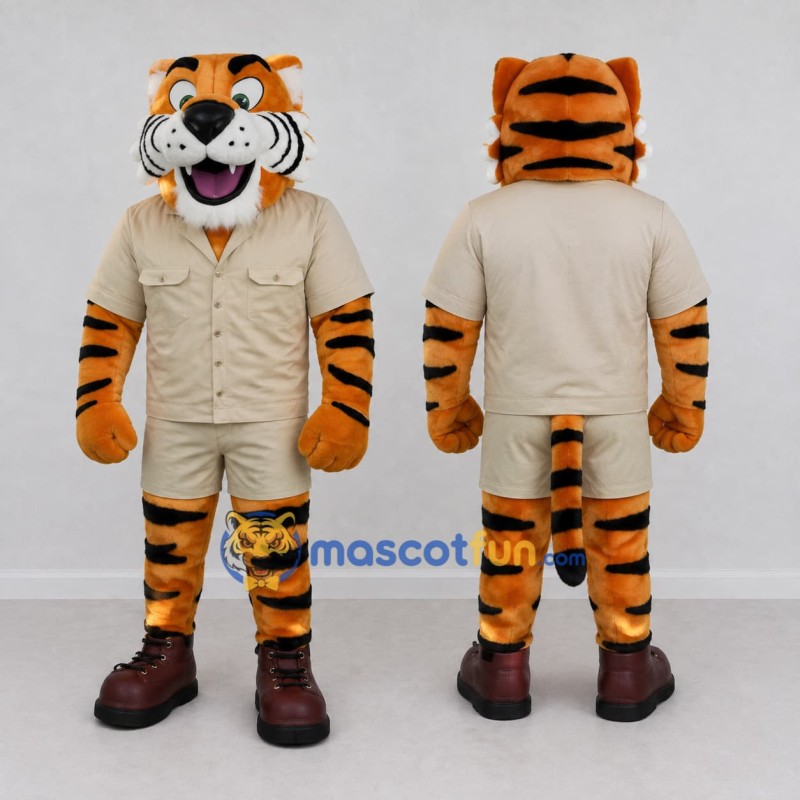 Custom Orange and Khaki Tiger in Safari Outfit Mascot Costume Adult Full Body Suit for Zoo Events Custom Orange and Khaki Tiger in Safari Outfit Mascot Costume Adult Full Body Suit for Zoo Events