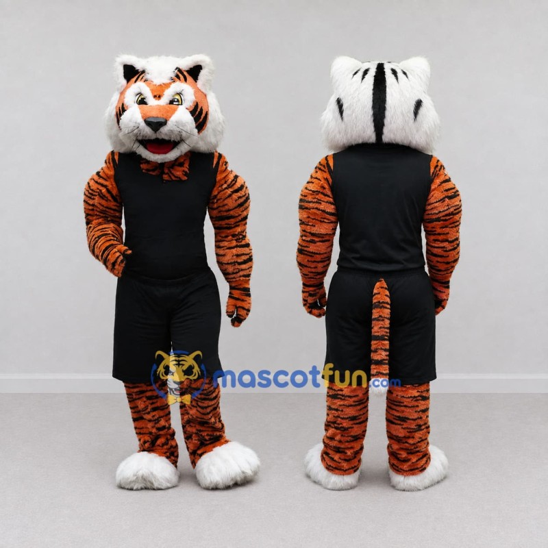 Custom Orange and Black Tiger in Sportswear Mascot Costume Adult Full Body Suit for Sports Events Custom Orange and Black Tiger in Sportswear Mascot Costume Adult Full Body Suit for Sports Events