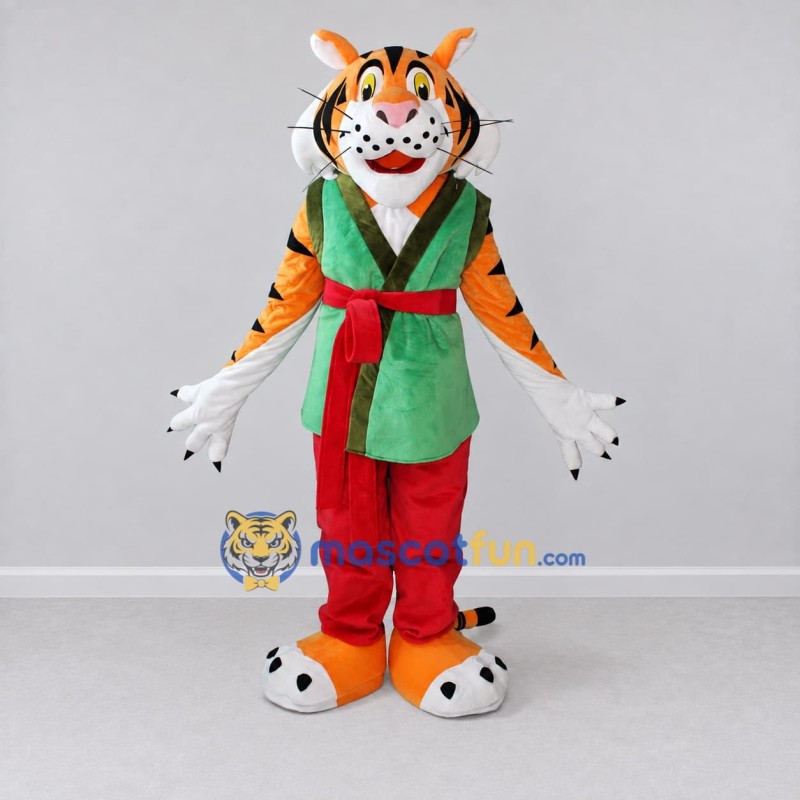 Custom Orange Green and Red Tiger in Vest Mascot Costume Adult Full Body Suit for Themed Parties Custom Orange Green and Red Tiger in Vest Mascot Costume Adult Full Body Suit for Themed Parties