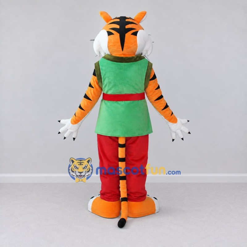 Custom Orange Green and Red Tiger in Vest Mascot Costume Adult Full Body Suit for Themed Parties Custom Orange Green and Red Tiger in Vest Mascot Costume Adult Full Body Suit for Themed Parties