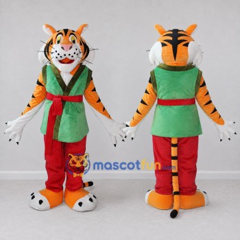 Custom Orange Green and Red Tiger in Vest Mascot Costume Adult Full Body Suit for Themed Parties