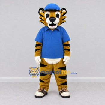 Custom Yellow Black and Blue Tiger in Polo Shirt Mascot Costume Adult Full Body Suit for School Events