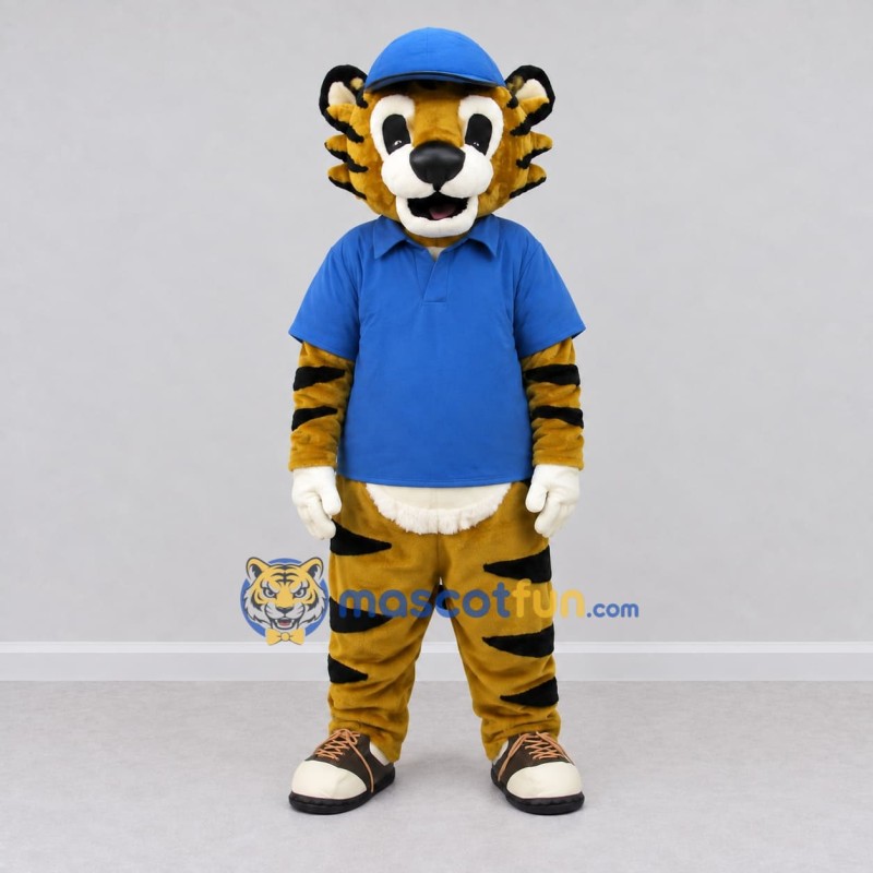 Custom Yellow Black and Blue Tiger in Polo Shirt Mascot Costume Adult Full Body Suit for School Events Custom Yellow Black and Blue Tiger in Polo Shirt Mascot Costume Adult Full Body Suit for School Events