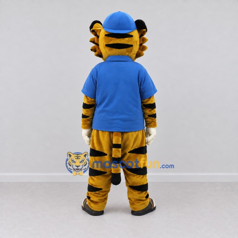 Custom Yellow Black and Blue Tiger in Polo Shirt Mascot Costume Adult Full Body Suit for School Events Custom Yellow Black and Blue Tiger in Polo Shirt Mascot Costume Adult Full Body Suit for School Events