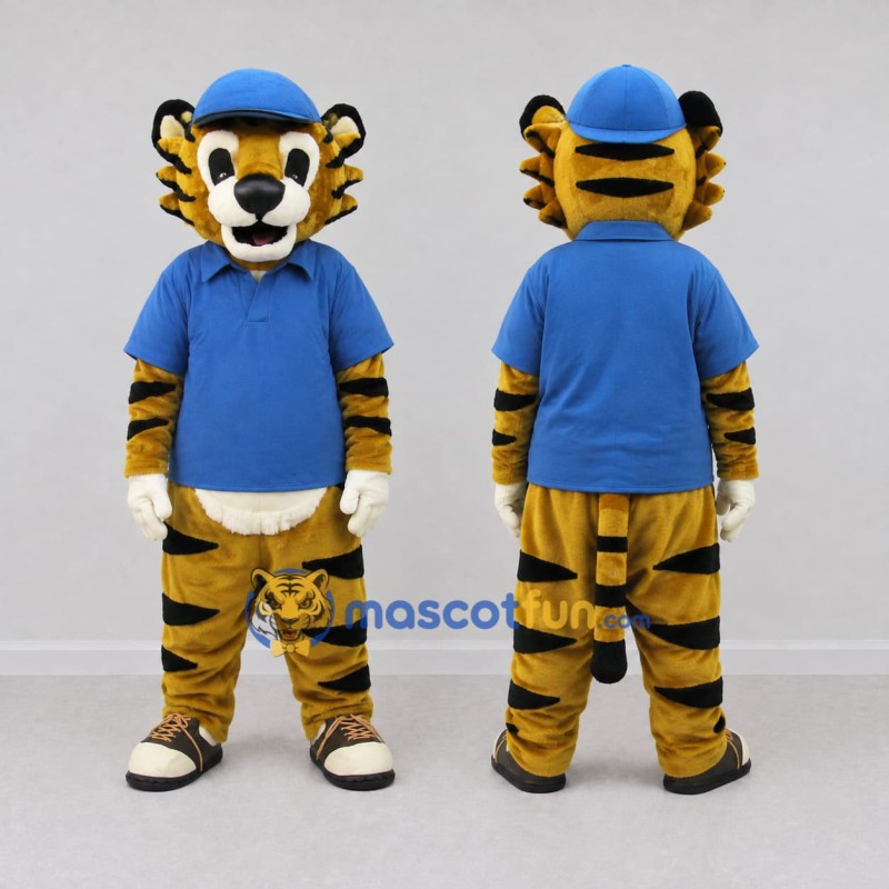 Custom Yellow Black and Blue Tiger in Polo Shirt Mascot Costume Adult Full Body Suit for School Events Custom Yellow Black and Blue Tiger in Polo Shirt Mascot Costume Adult Full Body Suit for School Events