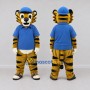 Custom Yellow Black and Blue Tiger in Polo Shirt Mascot Costume Adult Full Body Suit for School Events