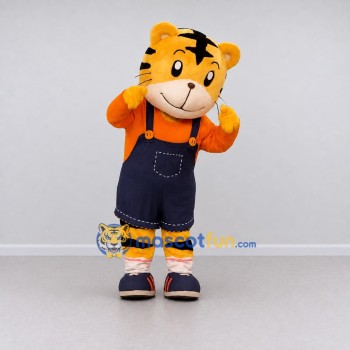 Custom Orange and Navy Blue Tiger in Overalls Mascot Costume Adult Full Body Suit for School Events Custom Orange and Navy Blue Tiger in Overalls Mascot Costume Adult Full Body Suit for School Events