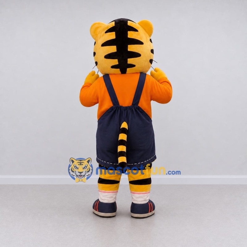 Custom Orange and Navy Blue Tiger in Overalls Mascot Costume Adult Full Body Suit for School Events Custom Orange and Navy Blue Tiger in Overalls Mascot Costume Adult Full Body Suit for School Events