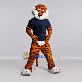 Custom Orange and Navy Blue Tiger in T-Shirt Mascot Costume Adult Full Body Suit for Sports Events