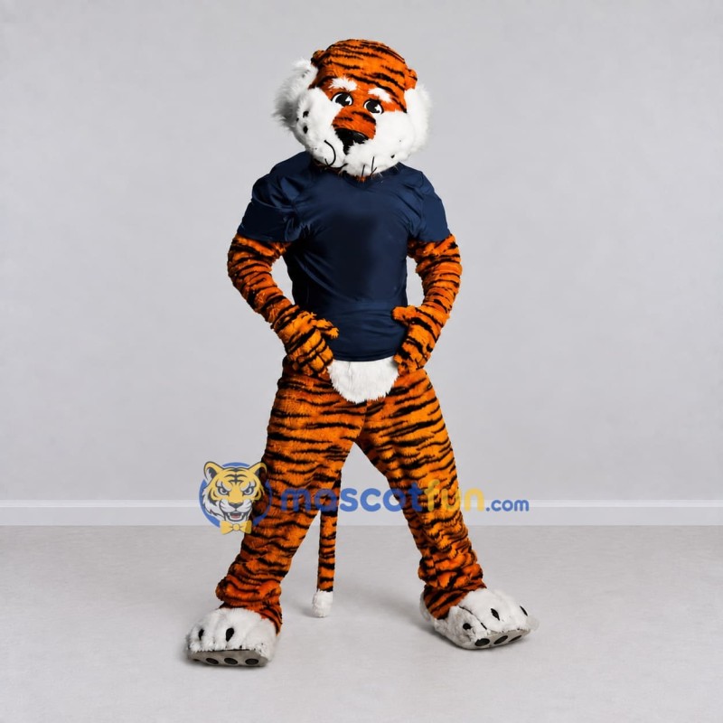 Custom Orange and Navy Blue Tiger in T-Shirt Mascot Costume Adult Full Body Suit for Sports Events Custom Orange and Navy Blue Tiger in T-Shirt Mascot Costume Adult Full Body Suit for Sports Events