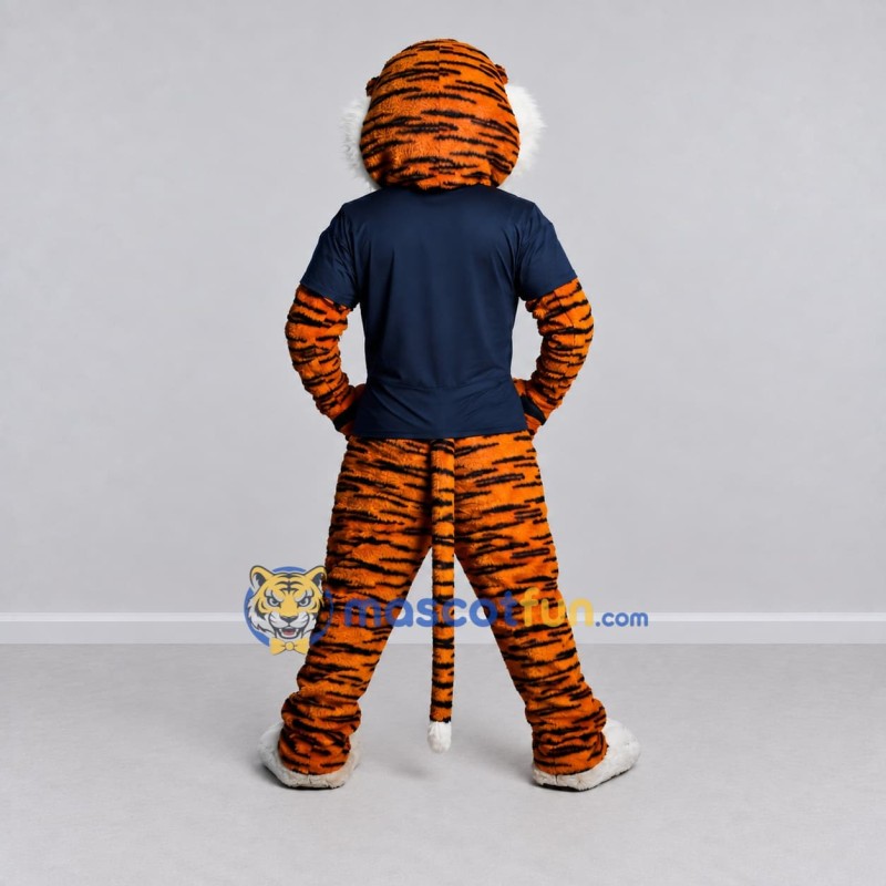 Custom Orange and Navy Blue Tiger in T-Shirt Mascot Costume Adult Full Body Suit for Sports Events Custom Orange and Navy Blue Tiger in T-Shirt Mascot Costume Adult Full Body Suit for Sports Events