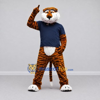 Custom Orange and Navy Blue Tiger in T-Shirt Mascot Costume Adult Full Body Suit for Sports Events