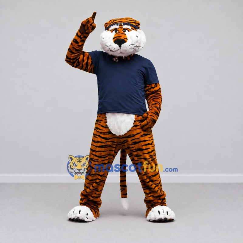 Custom Orange and Navy Blue Tiger in T-Shirt Mascot Costume Adult Full Body Suit for Sports Events Custom Orange and Navy Blue Tiger in T-Shirt Mascot Costume Adult Full Body Suit for Sports Events