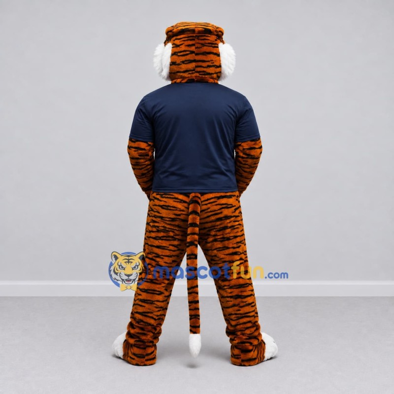 Custom Orange and Navy Blue Tiger in T-Shirt Mascot Costume Adult Full Body Suit for Sports Events Custom Orange and Navy Blue Tiger in T-Shirt Mascot Costume Adult Full Body Suit for Sports Events