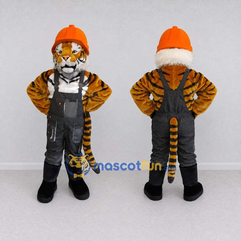 Custom Orange and Gray Construction Worker Tiger Mascot Costume Adult Full Body Suit for Community Events Custom Orange and Gray Construction Worker Tiger Mascot Costume Adult Full Body Suit for Community Events