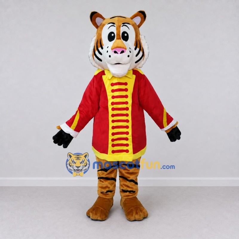 Custom Orange Red and Yellow Tiger in Marching Band Uniform Mascot Costume Adult Full Body Suit for Parades Custom Orange Red and Yellow Tiger in Marching Band Uniform Mascot Costume Adult Full Body Suit for Parades