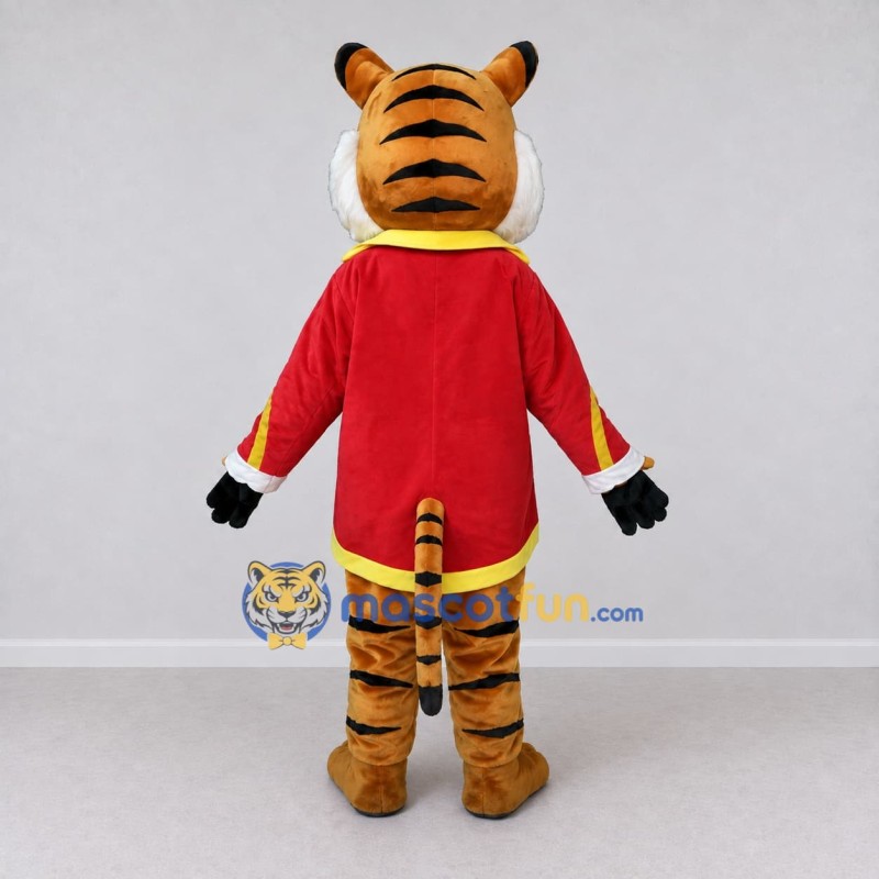 Custom Orange Red and Yellow Tiger in Marching Band Uniform Mascot Costume Adult Full Body Suit for Parades Custom Orange Red and Yellow Tiger in Marching Band Uniform Mascot Costume Adult Full Body Suit for Parades