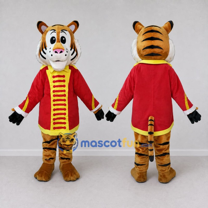 Custom Orange Red and Yellow Tiger in Marching Band Uniform Mascot Costume Adult Full Body Suit for Parades Custom Orange Red and Yellow Tiger in Marching Band Uniform Mascot Costume Adult Full Body Suit for Parades
