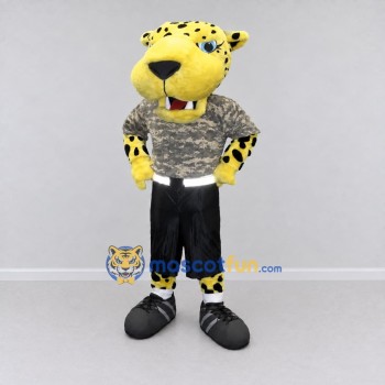 Custom Yellow Gray and Black Spotted Cat in T-Shirt Mascot Costume Adult Full Body Suit for Sports Events