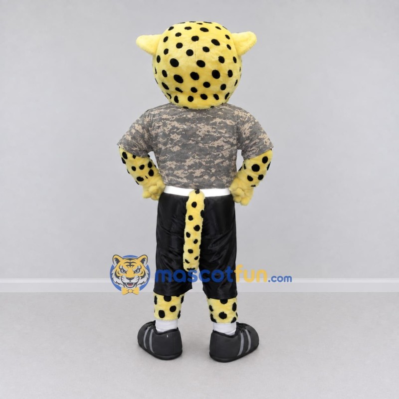 Custom Yellow Gray and Black Spotted Cat in T-Shirt Mascot Costume Adult Full Body Suit for Sports Events Custom Yellow Gray and Black Spotted Cat in T-Shirt Mascot Costume Adult Full Body Suit for Sports Events