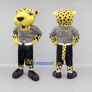 Custom Yellow Gray and Black Spotted Cat in T-Shirt Mascot Costume Adult Full Body Suit for Sports Events
