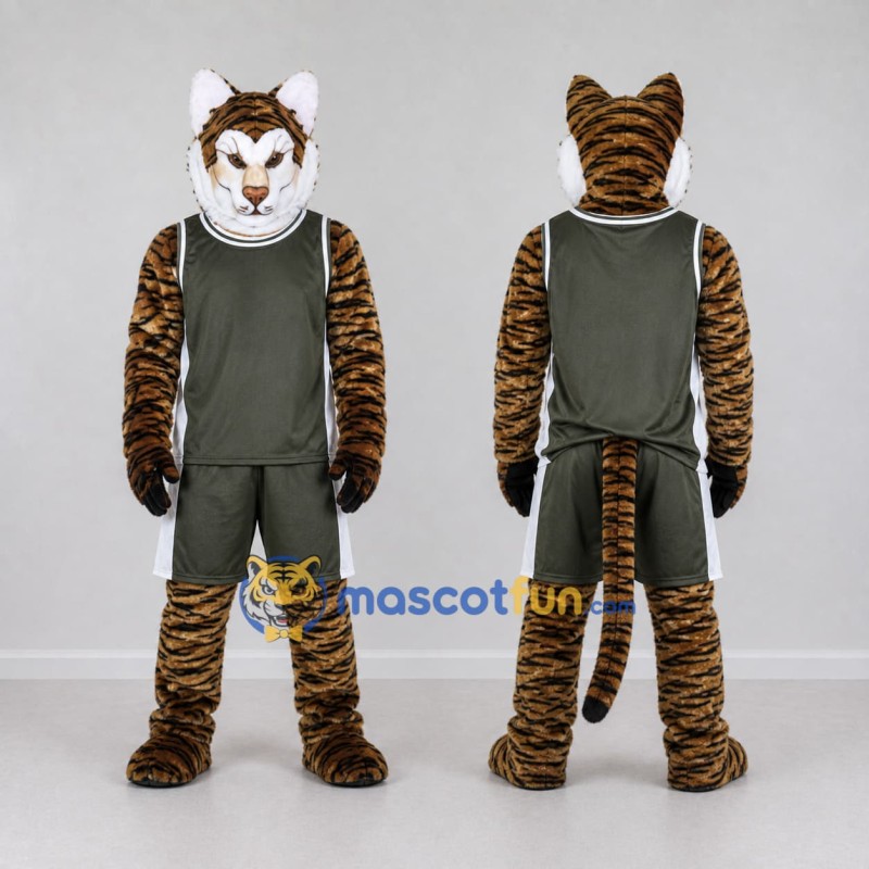 Custom Brown and Dark Green Tiger in Sportswear Mascot Costume Adult Full Body Suit for Sports Events Custom Brown and Dark Green Tiger in Sportswear Mascot Costume Adult Full Body Suit for Sports Events