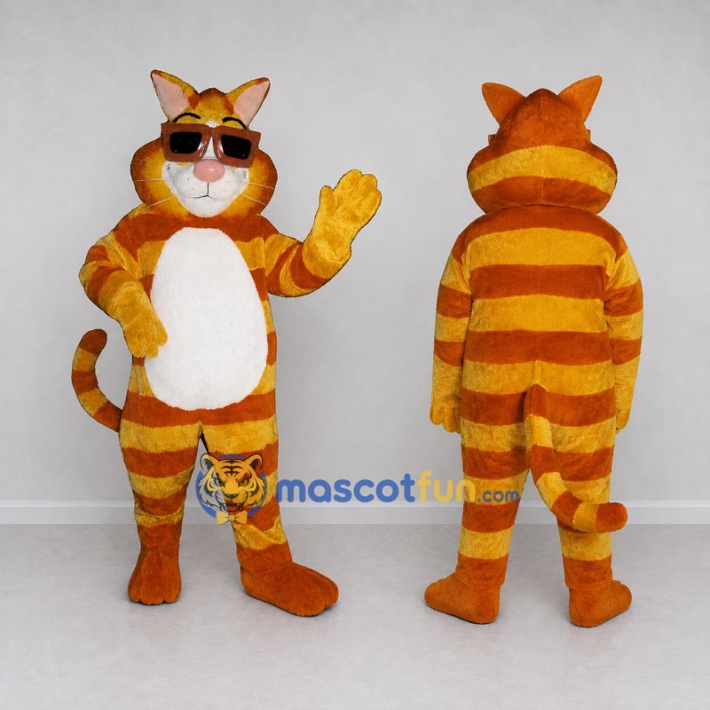 Custom Orange Yellow and White Tabby Cat with Sunglasses Mascot Costume Adult Full Body Suit for Summer Events Custom Orange Yellow and White Tabby Cat with Sunglasses Mascot Costume Adult Full Body Suit for Summer Events