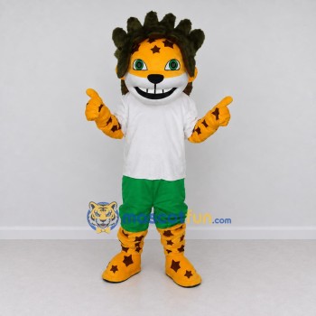 Custom Yellow White and Green Star-Spotted Feline in Sportswear Mascot Costume Adult Full Body Suit for Sports Events