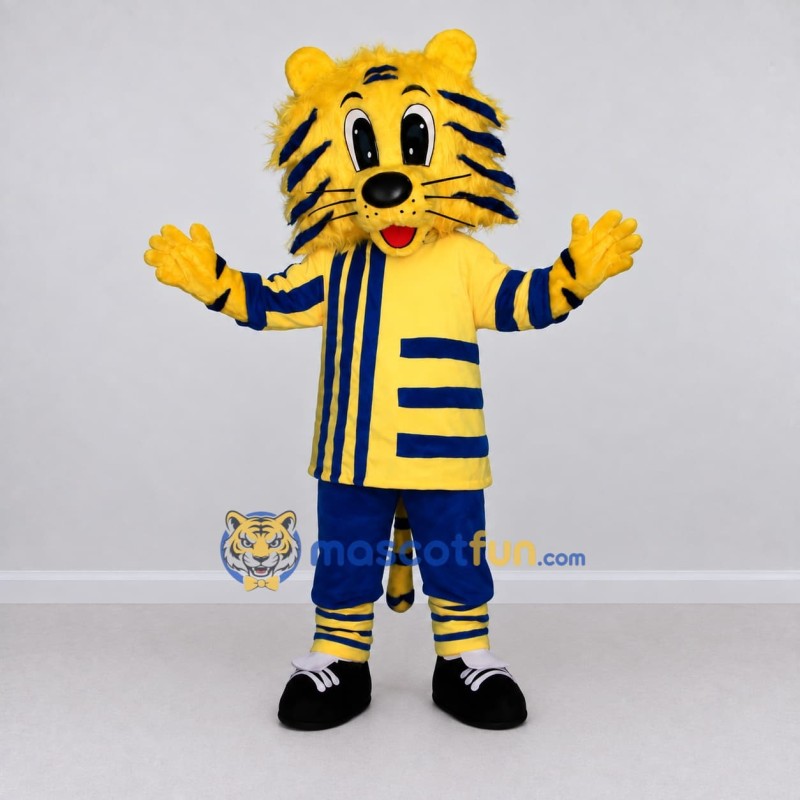 Custom Yellow and Blue Tiger in Sportswear Mascot Costume Adult Full Body Suit for Sports Events Custom Yellow and Blue Tiger in Sportswear Mascot Costume Adult Full Body Suit for Sports Events