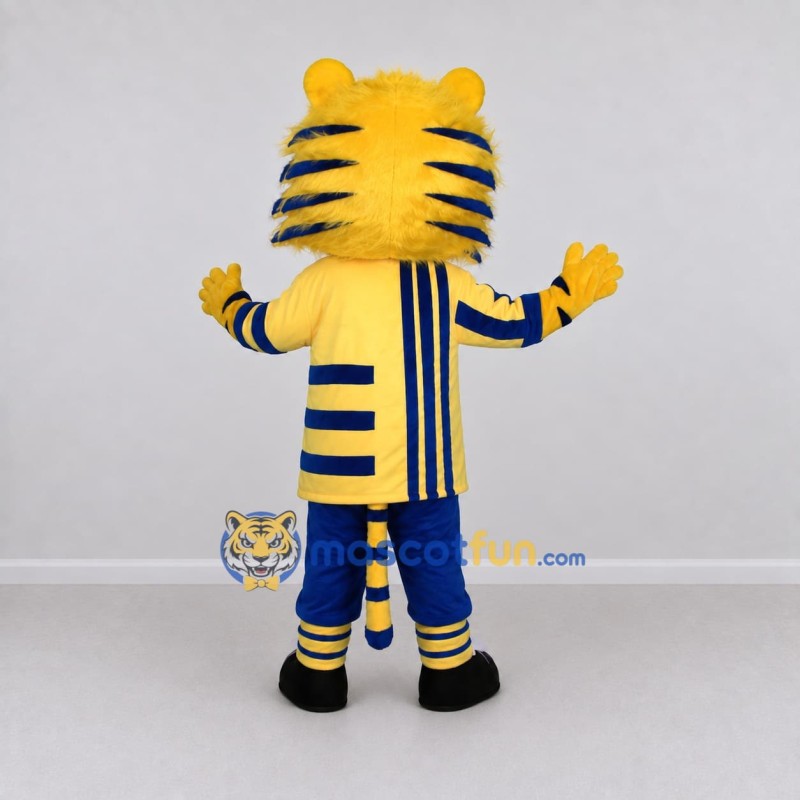 Custom Yellow and Blue Tiger in Sportswear Mascot Costume Adult Full Body Suit for Sports Events Custom Yellow and Blue Tiger in Sportswear Mascot Costume Adult Full Body Suit for Sports Events
