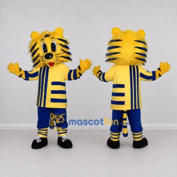 Custom Yellow and Blue Tiger in Sportswear Mascot Costume Adult Full Body Suit for Sports Events