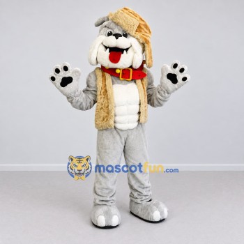 Custom Gray Tan and White Bulldog Aviator Mascot Costume Adult Full Body Suit for Themed Parties Custom Gray Tan and White Bulldog Aviator Mascot Costume Adult Full Body Suit for Themed Parties