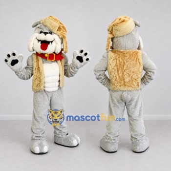 Custom Gray Tan and White Bulldog Aviator Mascot Costume Adult Full Body Suit for Themed Parties