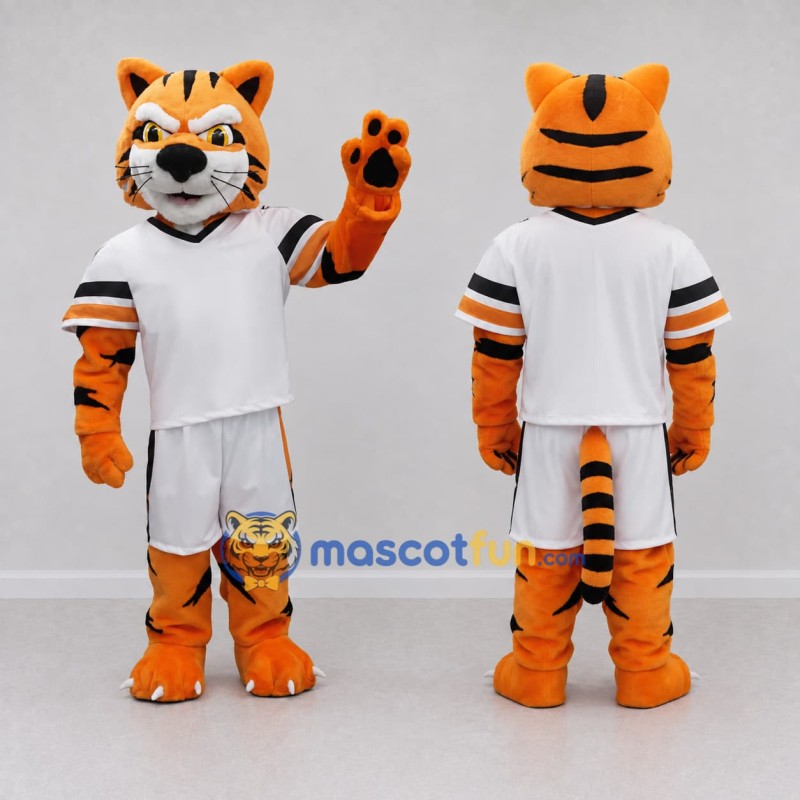 Custom Orange Black and White Tiger in Sportswear Mascot Costume Adult Full Body Suit for Sports Events Custom Orange Black and White Tiger in Sportswear Mascot Costume Adult Full Body Suit for Sports Events