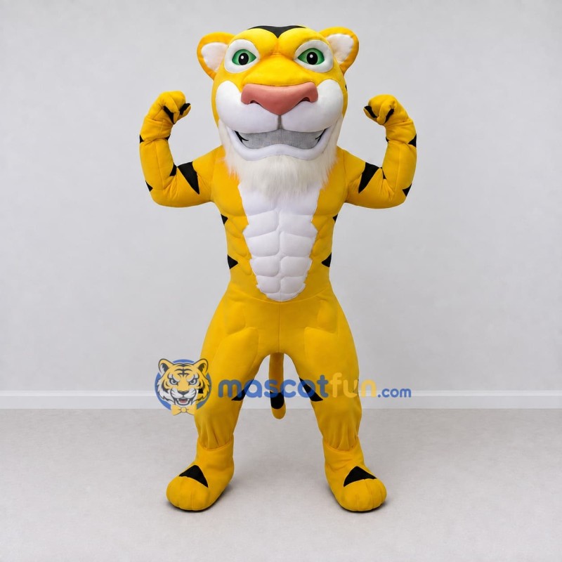 Custom Yellow Black and White Muscular Tiger Mascot Costume Adult Full Body Suit for Sports Events Custom Yellow Black and White Muscular Tiger Mascot Costume Adult Full Body Suit for Sports Events