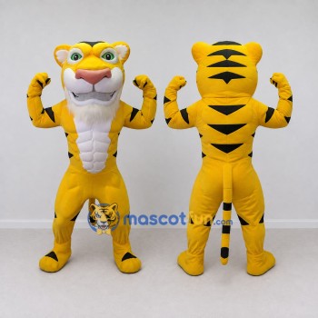 Custom Yellow Black and White Muscular Tiger Mascot Costume Adult Full Body Suit for Sports Events