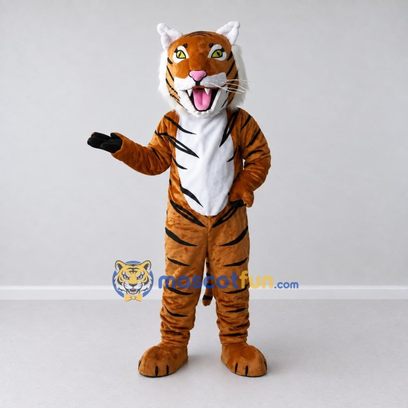 Custom Brown Black and White Roaring Tiger Mascot Costume Adult Full Body Suit for Wildlife Events Custom Brown Black and White Roaring Tiger Mascot Costume Adult Full Body Suit for Wildlife Events