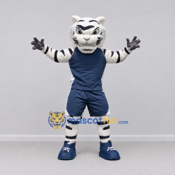 Custom White Black and Navy Blue Tiger in Sportswear Mascot Costume Adult Full Body Suit for Sports Events