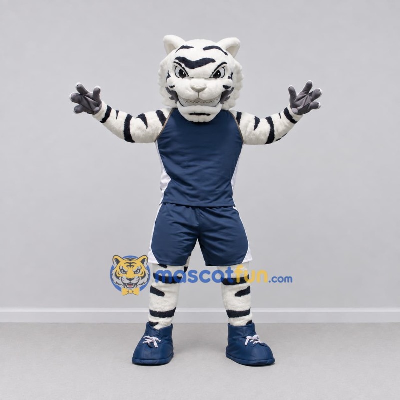 Custom White Black and Navy Blue Tiger in Sportswear Mascot Costume Adult Full Body Suit for Sports Events Custom White Black and Navy Blue Tiger in Sportswear Mascot Costume Adult Full Body Suit for Sports Events