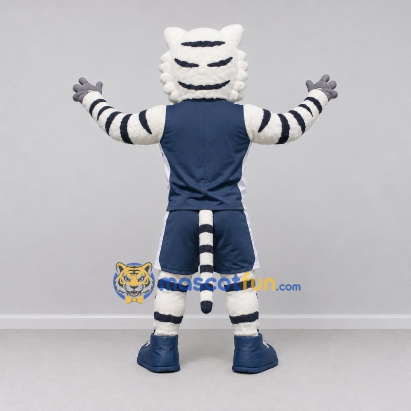 Custom White Black and Navy Blue Tiger in Sportswear Mascot Costume Adult Full Body Suit for Sports Events Custom White Black and Navy Blue Tiger in Sportswear Mascot Costume Adult Full Body Suit for Sports Events
