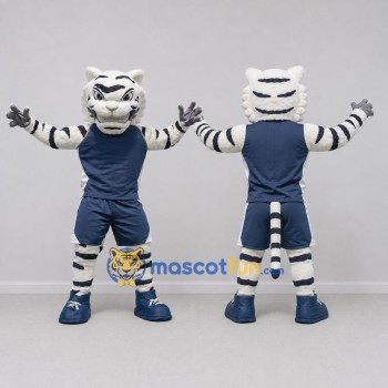 Custom White Black and Navy Blue Tiger in Sportswear Mascot Costume Adult Full Body Suit for Sports Events
