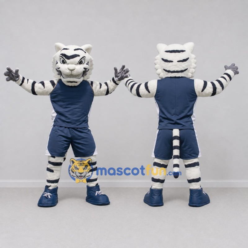 Custom White Black and Navy Blue Tiger in Sportswear Mascot Costume Adult Full Body Suit for Sports Events Custom White Black and Navy Blue Tiger in Sportswear Mascot Costume Adult Full Body Suit for Sports Events